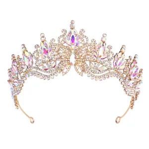 Detail view of baroque crystal bridal crown with AB rhinestones and butterfly design.
