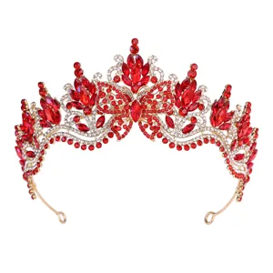 Red crystal butterfly tiara baroque bridal crown rhinestone hair accessory for wedding details.