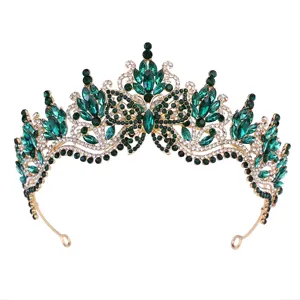 Baroque butterfly crystal tiara detail, gold alloy rhinestones green gem bridal crown hair piece.