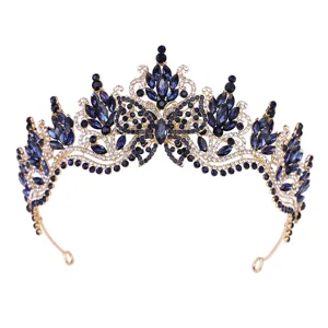 Close up view of the exquisite blue crystal butterfly tiara rhinestone baroque crown hair accessory.