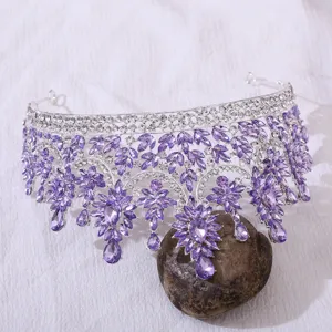 Luxus lila Kristall Braut Tiara Krone Barock Strass Hochzeit Haarschmuck für Damen