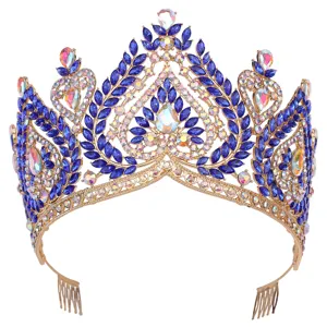 Baroque blue rhinestone bridal tiara, luxury gold wedding crown hair accessory for women.