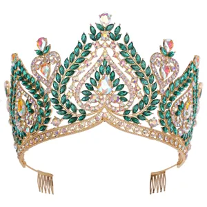 Detailed view of the luxury baroque green crystal tiara, exquisite gold-tone hair accessory.