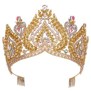 Exquisite baroque gold crystal tiara and queen crown detail, perfect for bridal wedding and party.