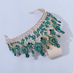 Barocke Luxus Gold Braut Tiara mit grünen Kristallen und glänzenden Strasssteinen Hochzeit.