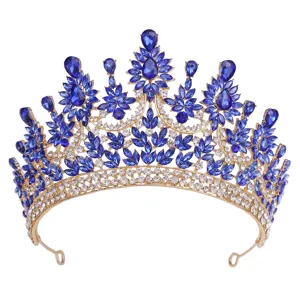 Luxus blaue Kristall Tiara Krone vergoldet fur Hochzeit Braut Party Haar Accessoire