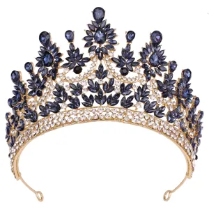 Barock dunkelblaue Strass Krone Braut Hochzeit Diadem Kristall Haarschmuck fuer Damen Luxus goldener