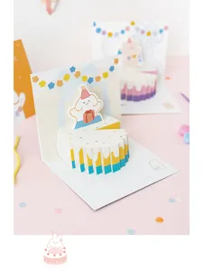 Tarjeta de felicitación de cumpleaños 3D pop-up con pastel tierno, regalo para niños.