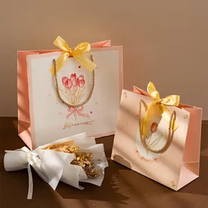 Bolsas de Regalo de Papel con Diseño Floral de Tulipán y Lazo Rosa Bolsas de Embalaje de Regalo para el Día del Maestro Fiesta Boda Cumpleaños