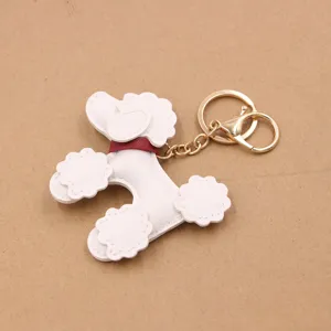 White leather poodle dog keychain cute bag charm with red collar and gold hardware pendant
