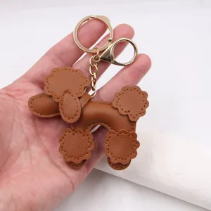Brown leather poodle keychain cute puppy bag charm metal keyring car pendant gift accessory