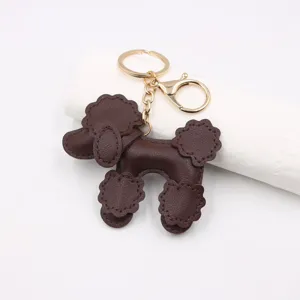 Brown leather poodle keychain cute puppy bag charm gold metal keyring pendant cute animal accessory