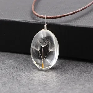 Handgemaakte Transparante Glas Paardenbloem Ketting Natuur Droogbloem Hanger Met Bruin Koord Cadeau Vrouwen Sieraden