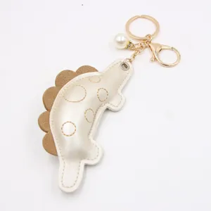 Cute dinosaur leather keychain with pearl charm and metal keyring for bag backpack purse decor