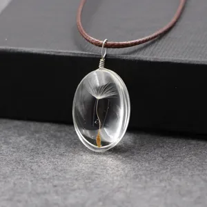 Handgemaakte natuurlijke paardenbloem zaad ovale heldere hars hanger ketting met bruin koord.
