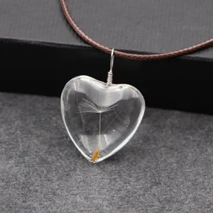 Handgemaakte natuurlijke paardebloem zaad hart hanger ketting met bruin koord, hars.