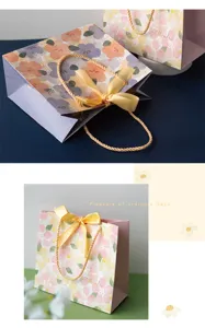 Bolsas de regalo de papel con diseño floral y lazo, elegante empaque para cumpleaños y fiestas.