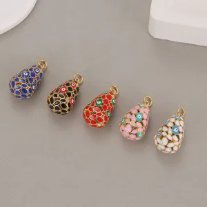 Set of 5 teardrop enamel charms with colorful mosaic evil eye patterns for DIY jewelry making.