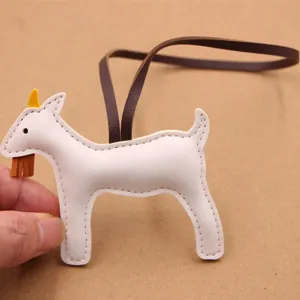 White leather goat bag charm pendant with brown strap cute animal handbag accessory keychain