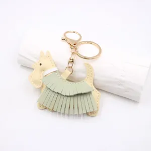 Porte-clés Chien Terrier Écossais en Cuir Mignon Frange Verte Pendentif de Sac Chic