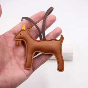 Brown leather goat bag charm pendant handmade luggage accessory cute animal hanging ornament