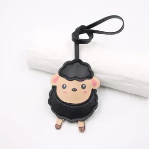 Cute black sheep PU leather bag charm detail shot, perfect hanging accessory pendant.