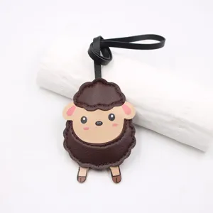 Cute sheep PU leather bag charm, lovely animal pendant with black strap for handbag decoration.