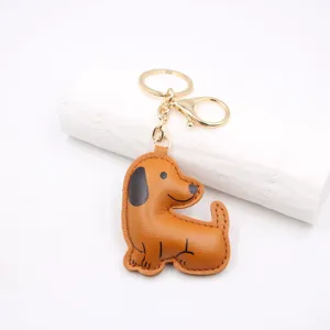 Cute leather dachshund puppy keychain cartoon plush stuffed bag charm car key ring pendant