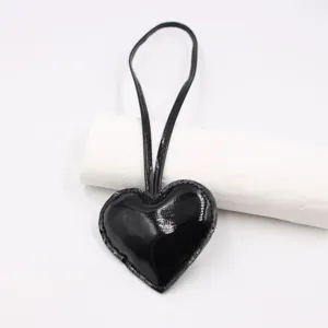 Black patent leather heart bag charm pendant keychain apparel jeans accessory decor loop strap