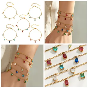 Stainless steel 18K gold plated colorful shaped zircon multi pendant thin bracelet for women