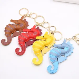 Leather seahorse keychain set, cute animal bag pendant and car key accessory for daily use.