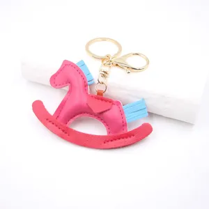 PU leather rocking horse keychain cute bag charm pony pendant gold tone hardware gift