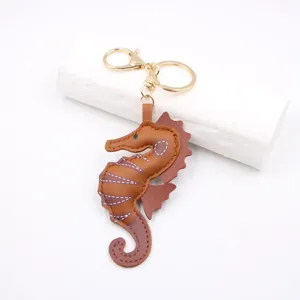 Cute Brown Leather Seahorse Keychain with Gold Metal Ring for Car and Bag Pendant