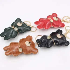 Leather Crocodile Pattern Bear Keychain Rhinestone Bag Pendant Cute Car Key Ring Accessory