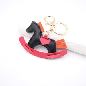 PU leather rocking horse keychain cute bag charm metal ring pendant accessory stylish car keyring