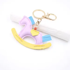 PU leather rocking horse keychain cute car bag pendant metal hardware ring charm