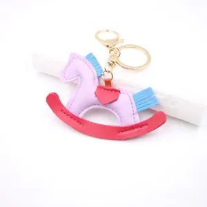 PU Leather Cute Rocking Horse Keychain Car Bag Charm Pendant with Gold Hardware Gift