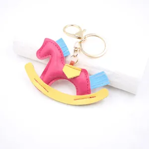 PU leather rocking horse keychain bag charm cute cartoon horse pendant for car keys accessory