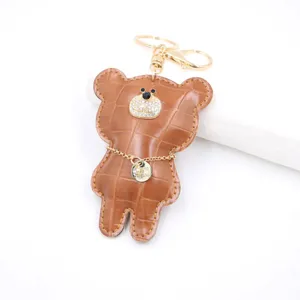 Brown crocodile texture leather bear keychain with rhinestones, cute bag pendant and metal ring.