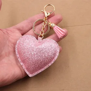 Rosa Glitzer Herz Schlüsselanhänger Leder Quaste Anhänger Herzförmige Auto Schlüsselring Tasche Charm Hängen Zubehör Für Damen Geschenk