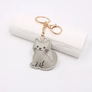 Grijs schattig kat leren sleutelhanger tas bedel, stijlvolle metalen ring voor handtassen.