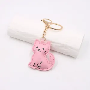 Roze leer schattige kat sleutelhanger pluche tas bedel gouden ring detail opname