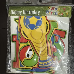 Soccer birthday party decoration banner set featuring football trophy and numbers for celebrations.