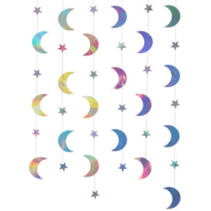 Holografische Stern und Mond Papiergirlande für Party Deko, 4m lange hängende Hintergrund.