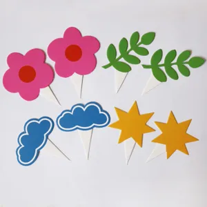 Colorful dopamine birthday cake toppers set including cute flowers leaves clouds and stars.