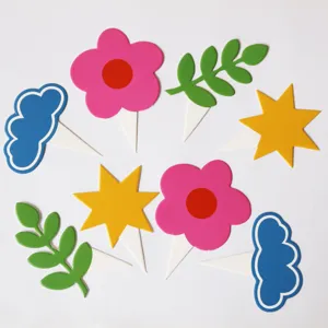 Dopamine birthday cake toppers colorful cloud leaf flower star party decoration set