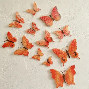 Detailed view of 3D butterfly wall stickers, orange PET decorative stickers for DIY crafts.