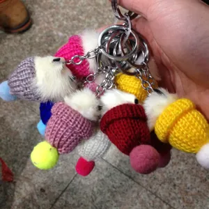 Cute furry knit hat keychain fluffy mink fur bag pendant charm fluffy animal keyring gift