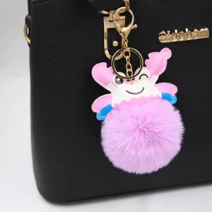 Cute Crab Plush Ball Keychain For Women Faux Fur Leather Alloy Metal Key Ring Bag Pendant Accessory Car Key Holder