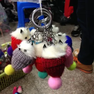 Cute Cute Mink Fur Little Fox Keychain With Knit Hat Pom Pom Luxury Real Fur Cartoon Animal Bag Charm Car Key Ring Pendant For Women Gift Jewelry